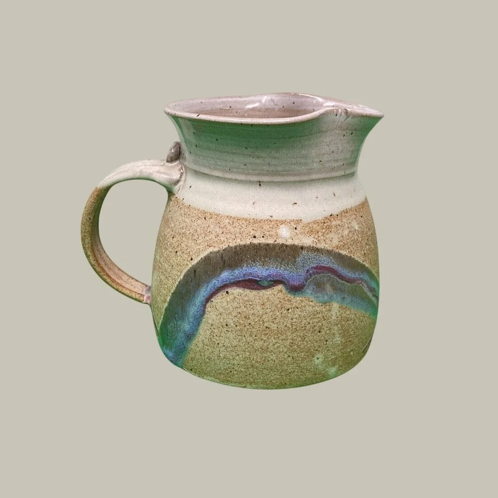 Studio Pottery Pitcher Unisex Medium Tan Green Glazed Handmade Artisan Stoneware